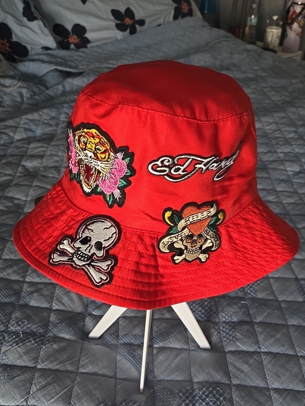 Ed Hardy Red Patchwork Embroidered Bucket Hat